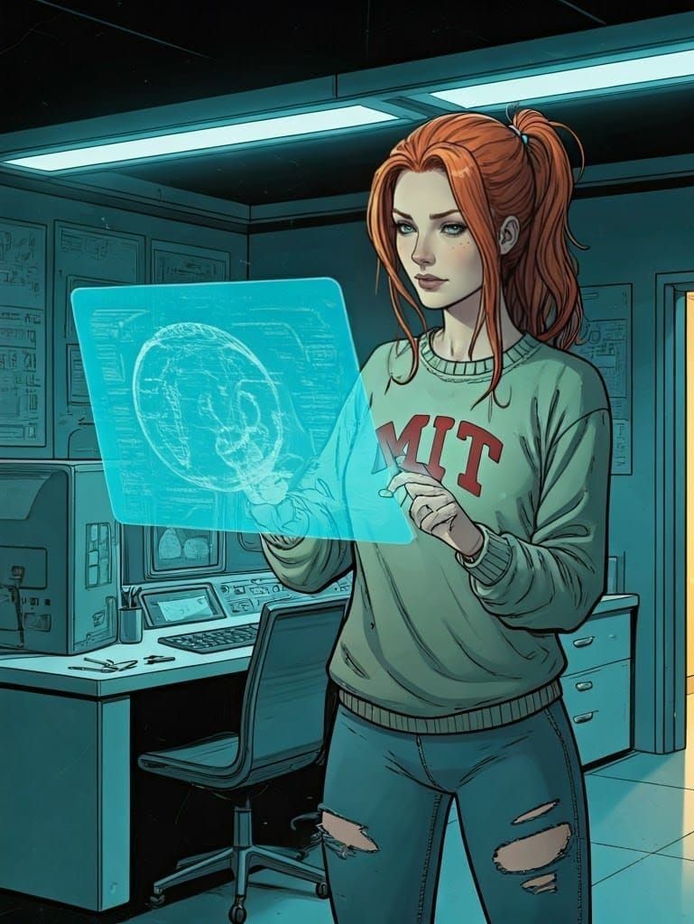 Redheaded Scientist Lost in Holographic Design in Lab Office