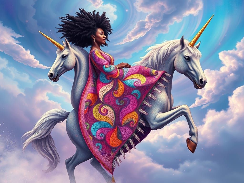 Mystical Afro Goddess on Unicorn in Vibrant Dreamscapes