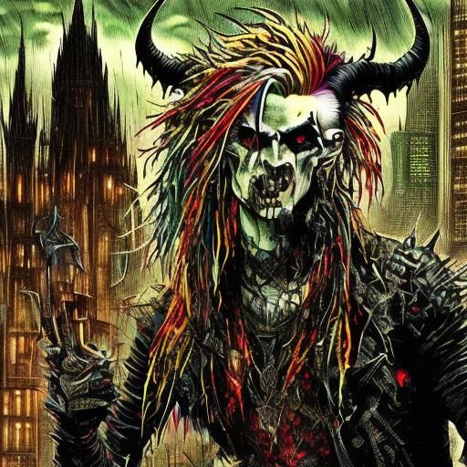 Punk Demon with Vodka in Dystopian Cityscape