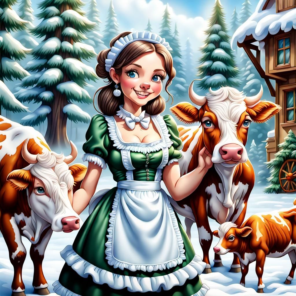 Cartoon Maid Milking Cow in Winter Wonderland