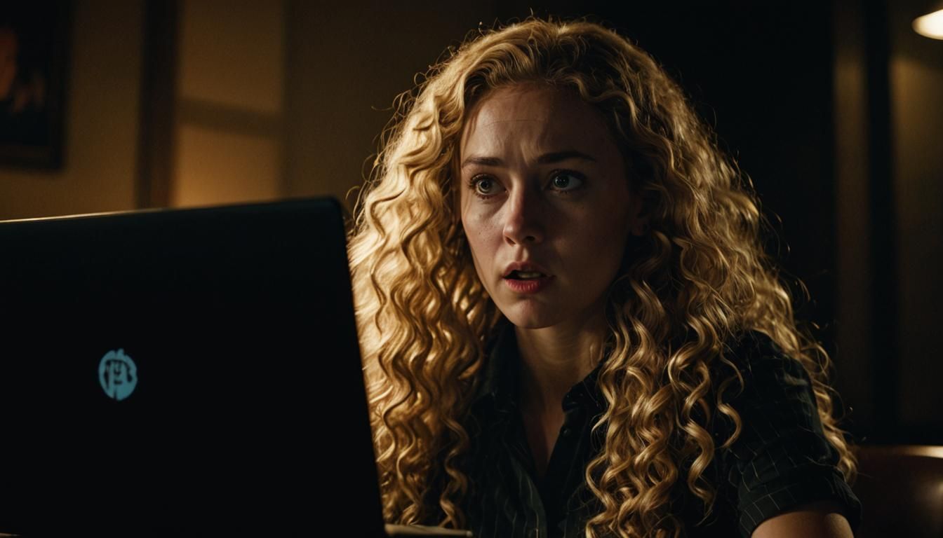 Shocked Blonde in Dark Room: Cinematic Film Still