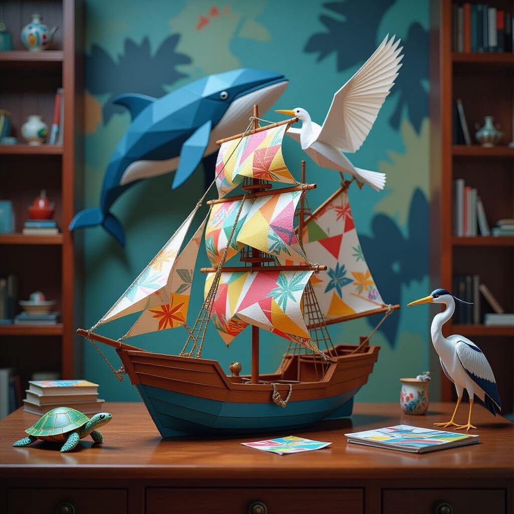 Intricate Origami Ship with Graffiti Art Backdrop