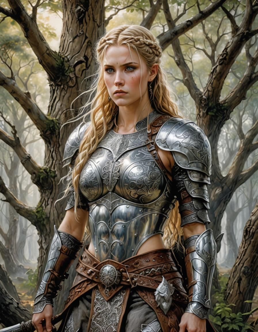 Viking Shieldmaiden with Tree of Life Background