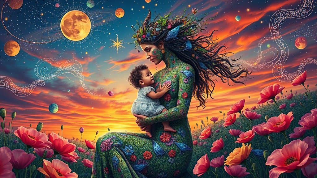 Mother in Vibrant, Dreamlike Scene with Iridescent Creatures...