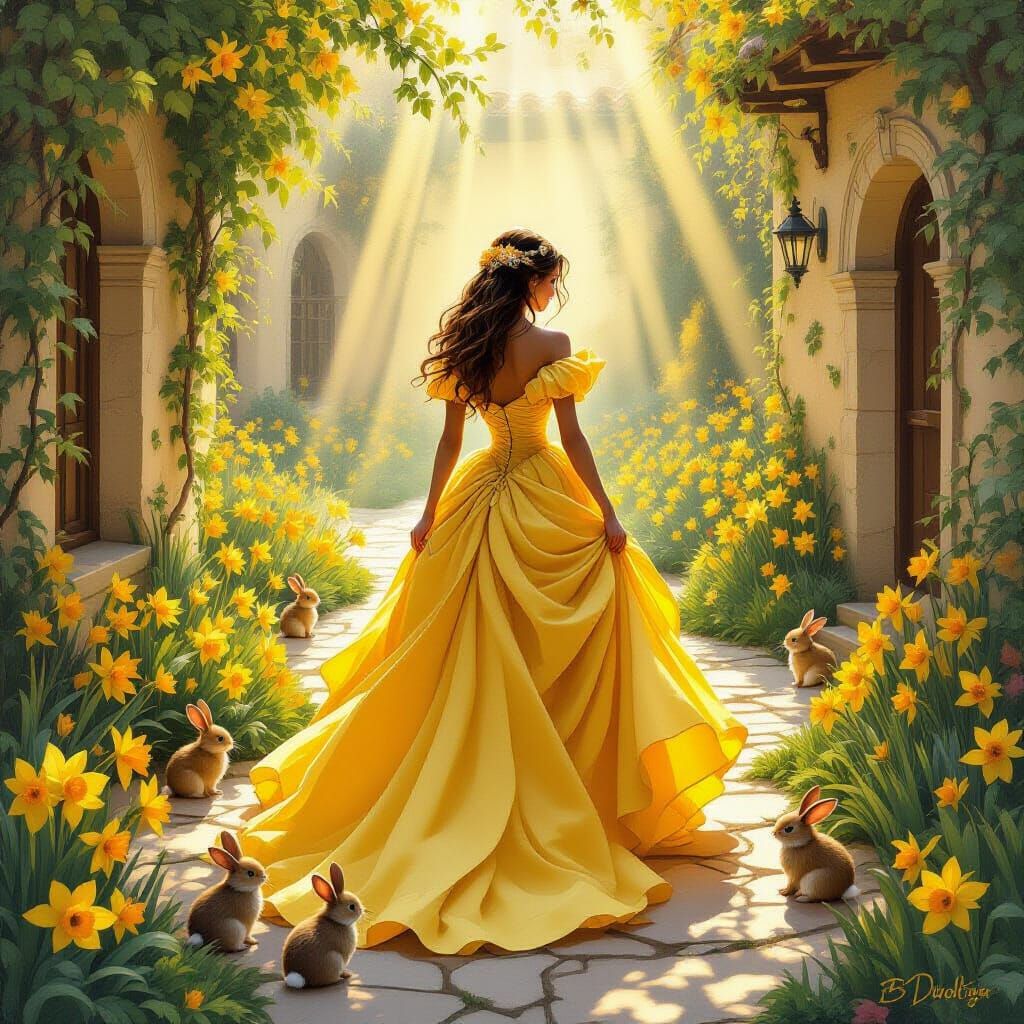 Princess in Daffodil Gown Strolling with Rabbits