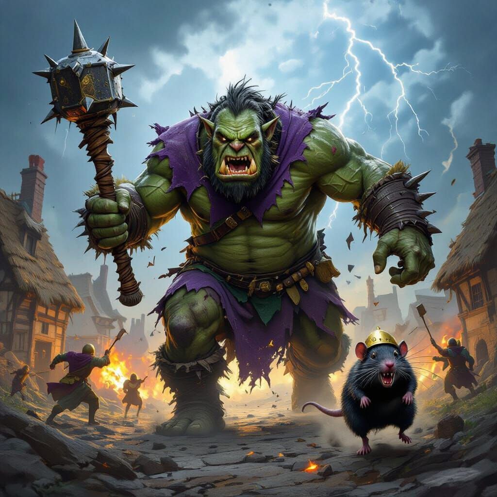 Muscular Ogre Charges Through Medieval Village with Giant Ra...