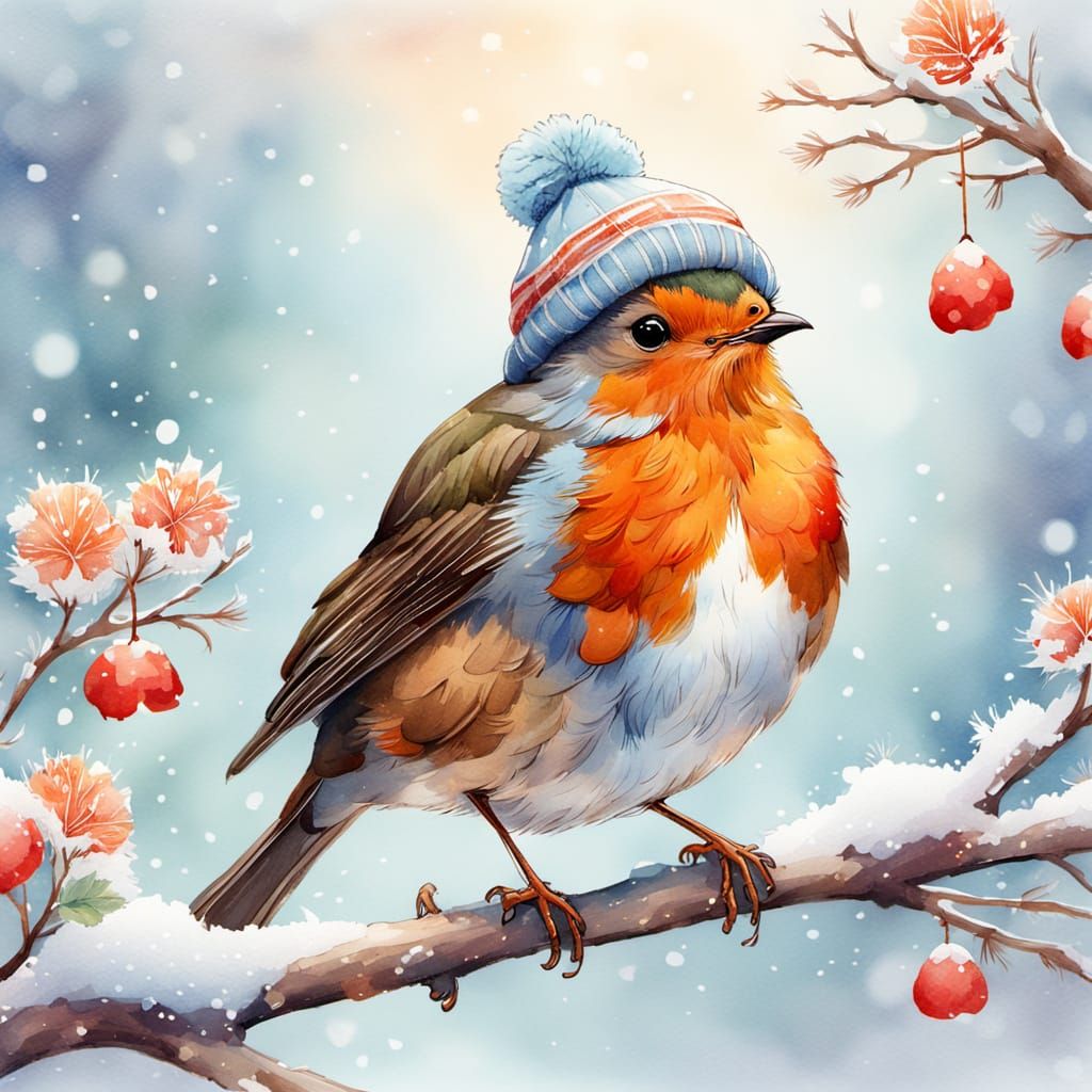 Whimsical Watercolor Robin in Snowy Wonderland