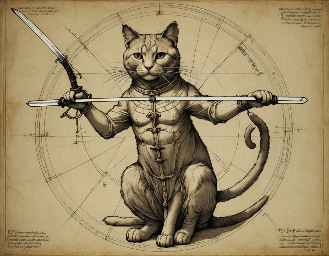 Vitruvian Cat with Katana: DaVinci-Style Technical Drawing
