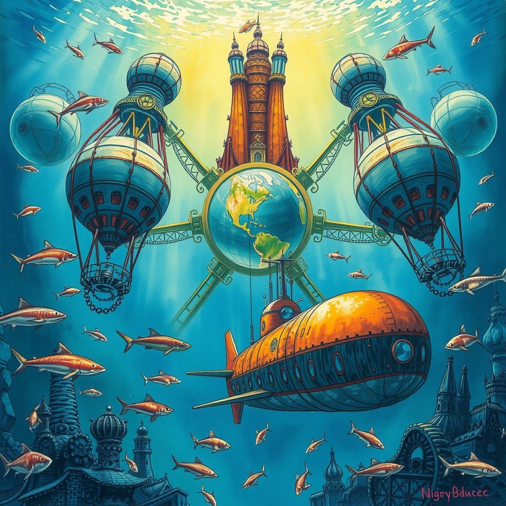 Underwater City Docking: Submarine in Alcohol Ink Style