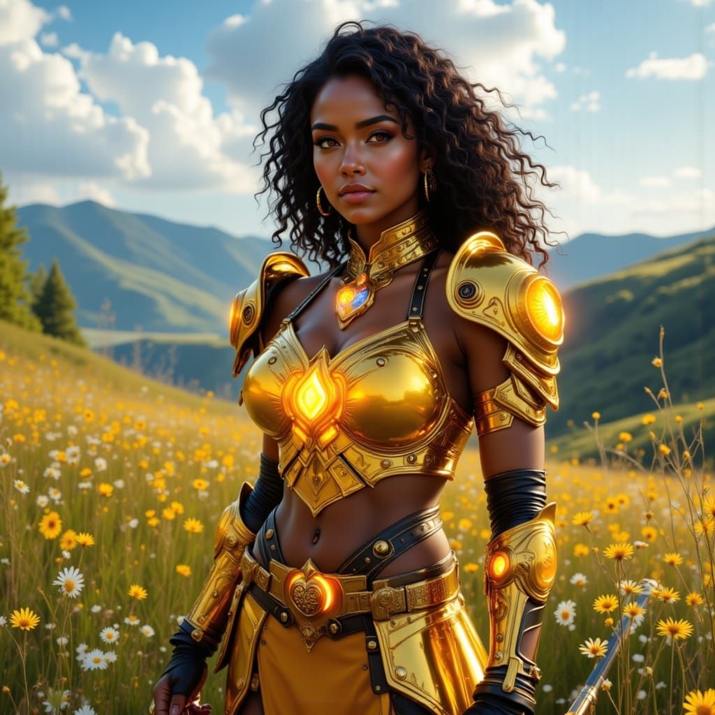 Warrior Woman in Gleaming Armor with Nunchucks