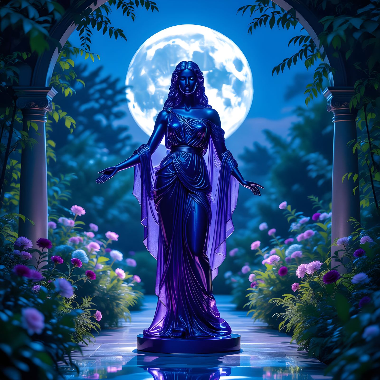 Purple Glass Statue of Woman in Moonlit Garden