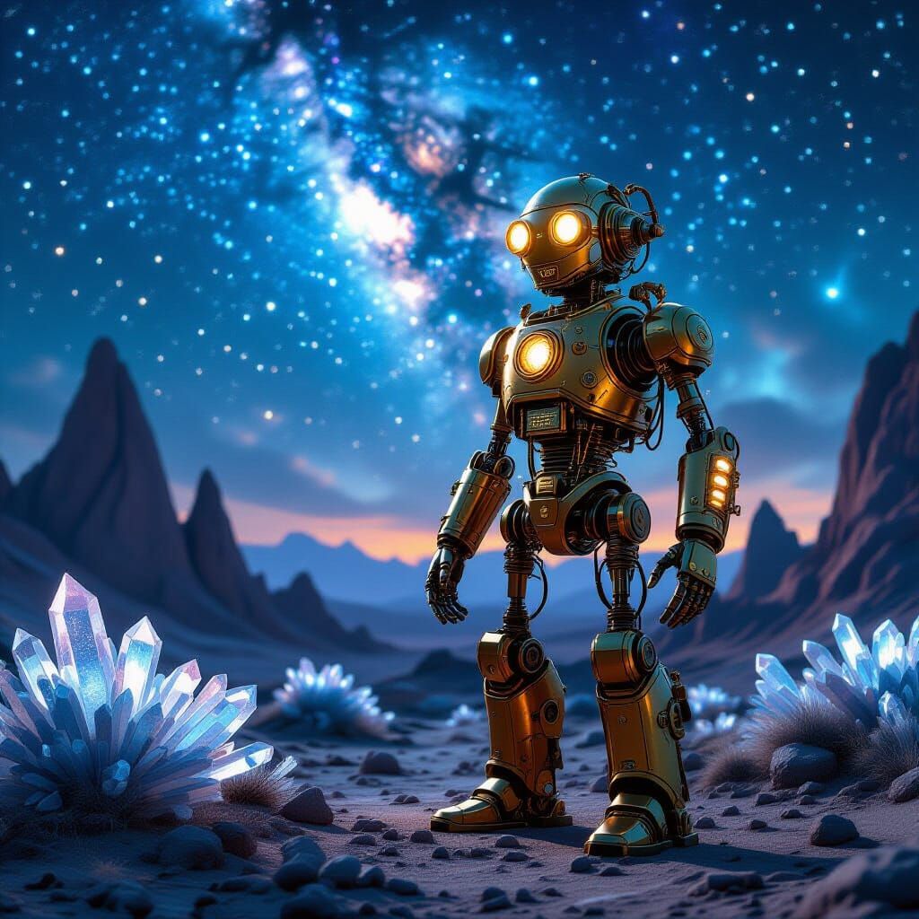 Steampunk Automaton Gazing at Nebula: Digital Art