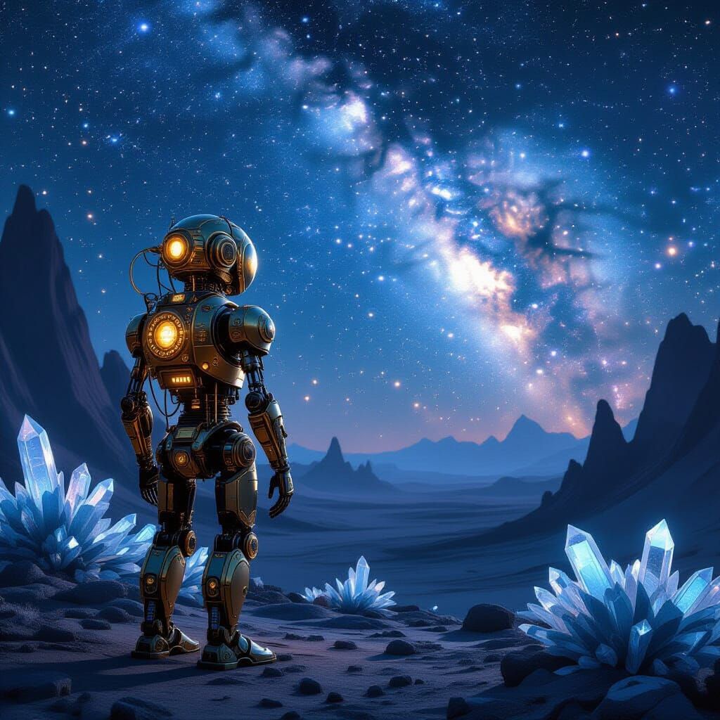 Steampunk Automaton Gazing at Nebula: Cinematic Art