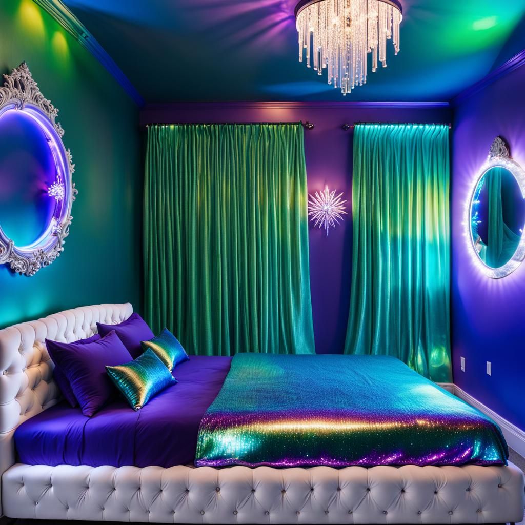 Iridescent Mermaid bedroom with iridescent blue walls with iridescent green accents& iridescent purple accents& sliver w...