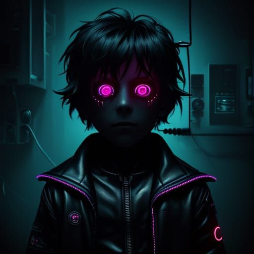 Eerie Futuristic Boy With Glowing Neon Eyes