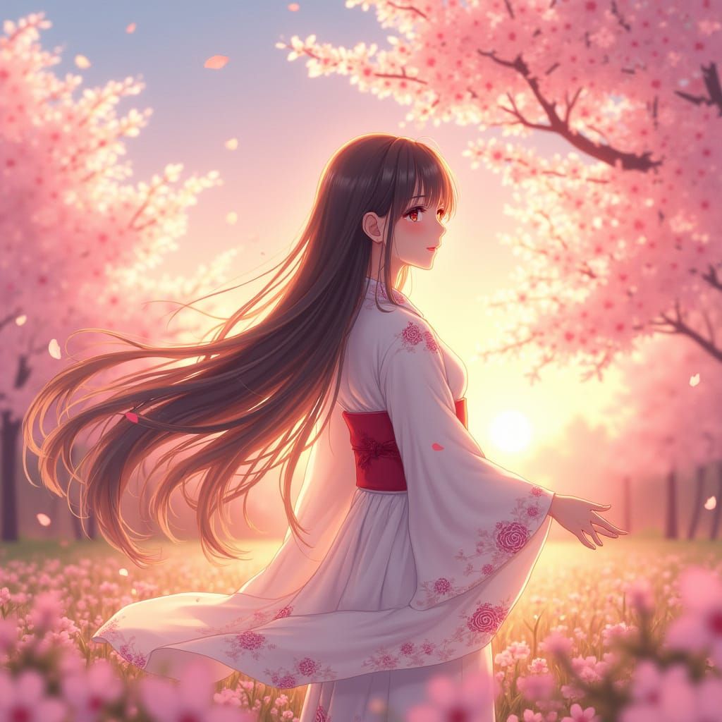 Serene Anime Girl in Cherry Blossom Field at Sunset