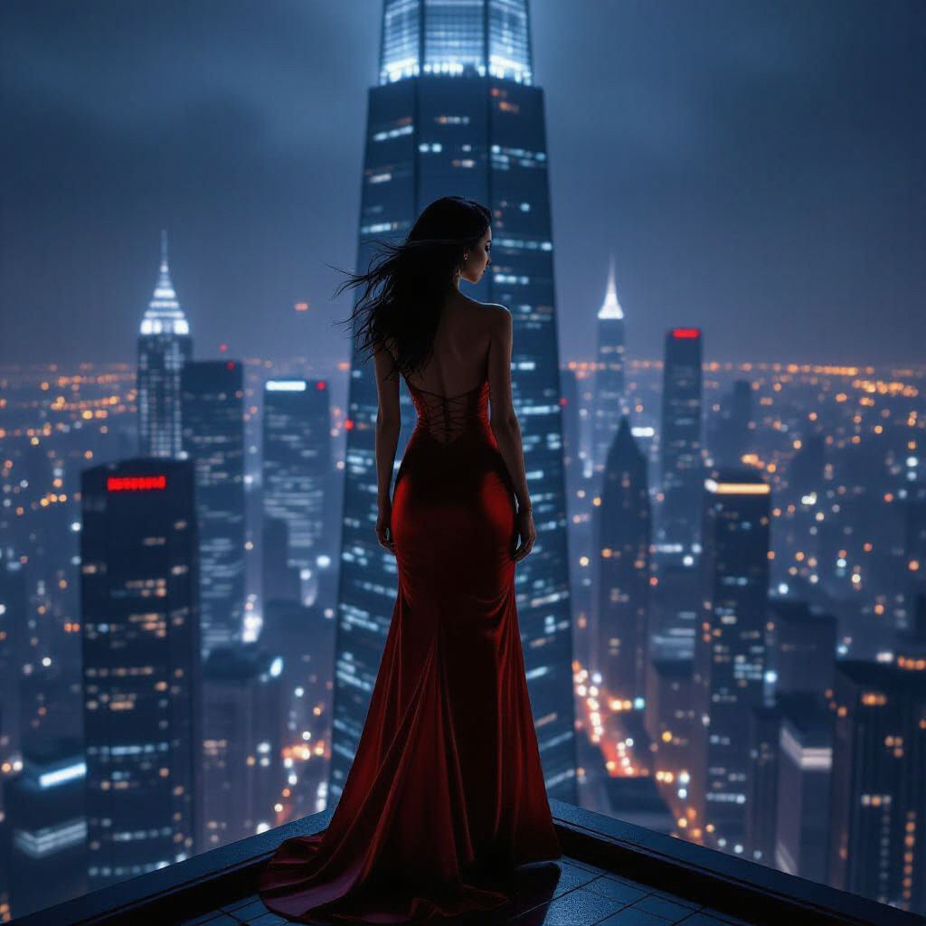 Dominant Woman on Skyscraper Rooftop at Night