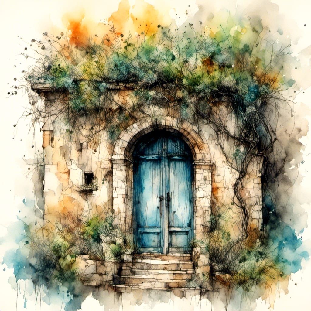 Mediterranean House with Blue Door in Storybook Style