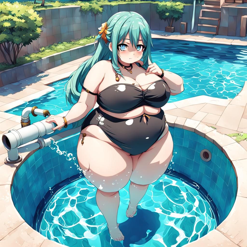 Anime Girl with Exaggerated Belly Relaxing by Pool