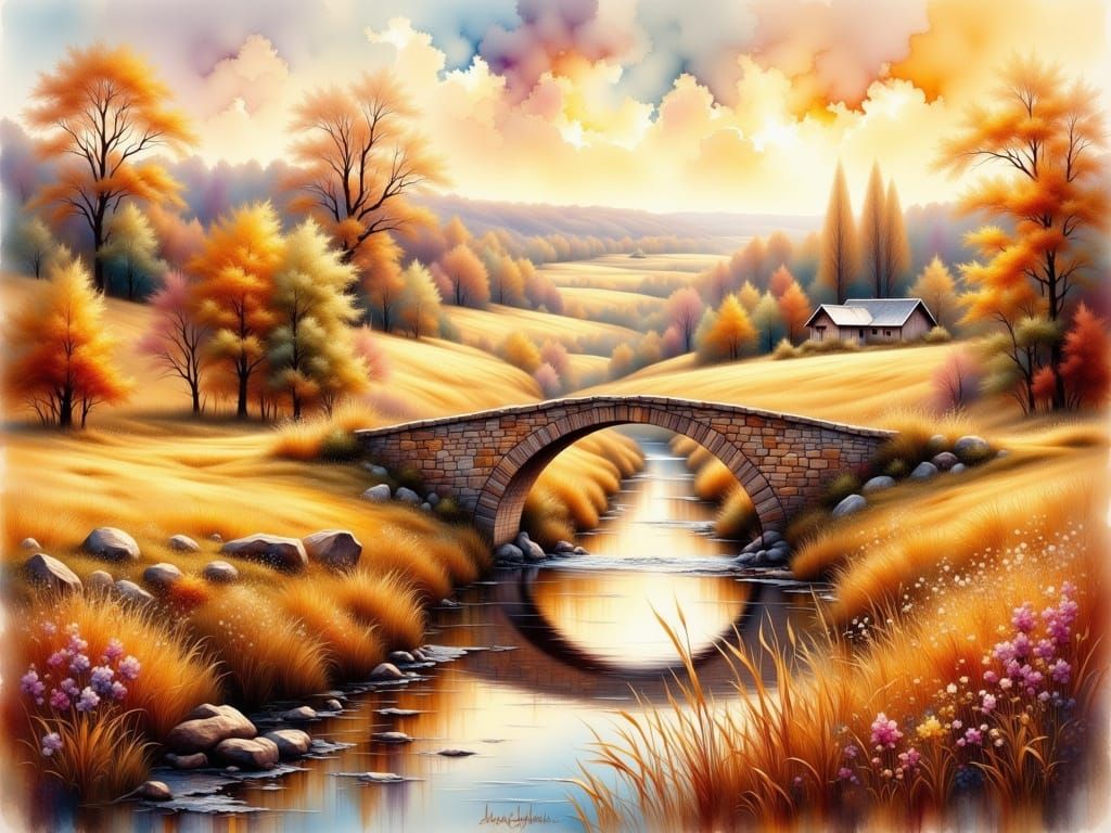 Stone Bridge Over River in Dreamlike Watercolor
