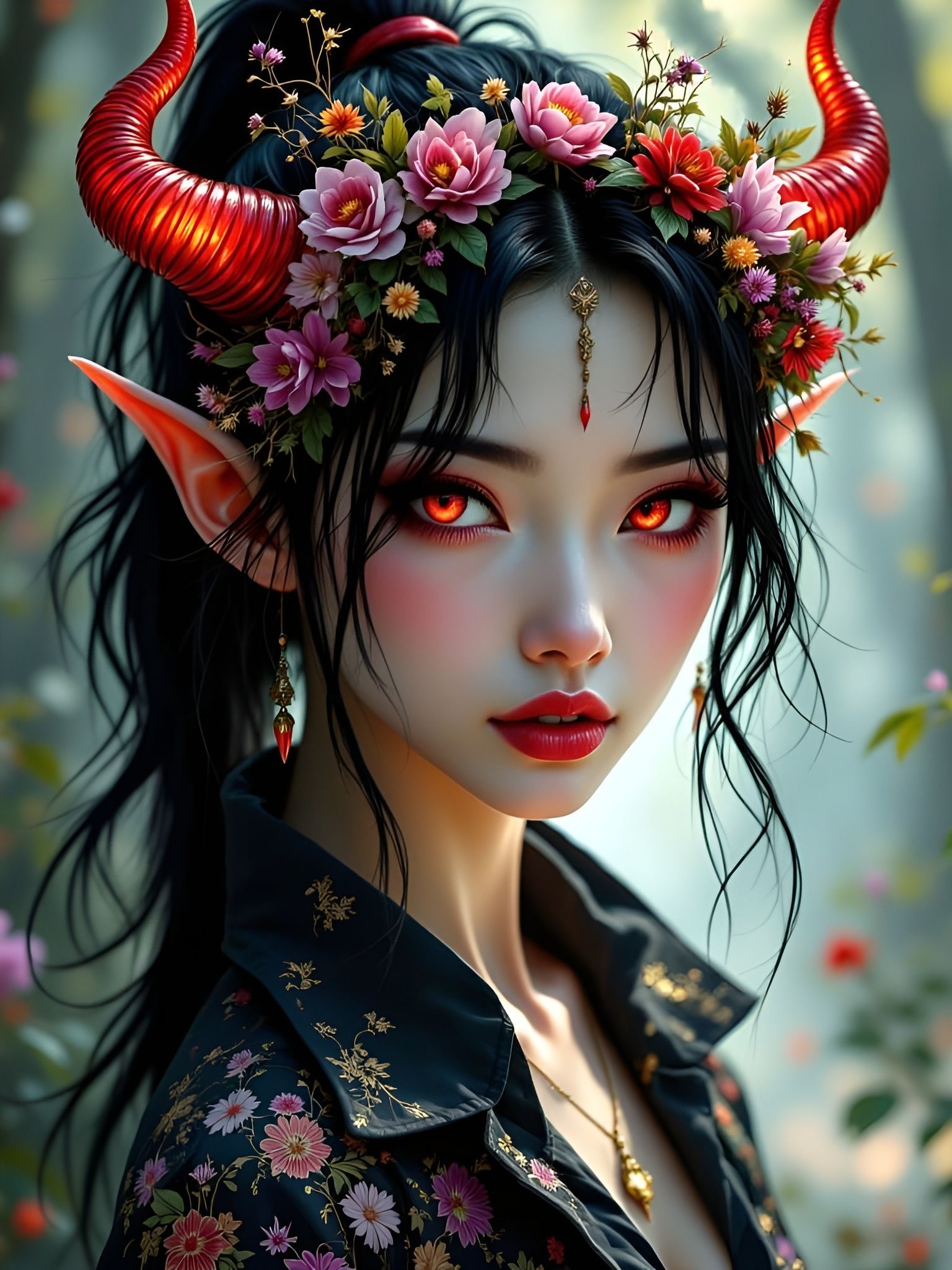 Mystical Asian Faerie Queen in Vibrant Floral Crown