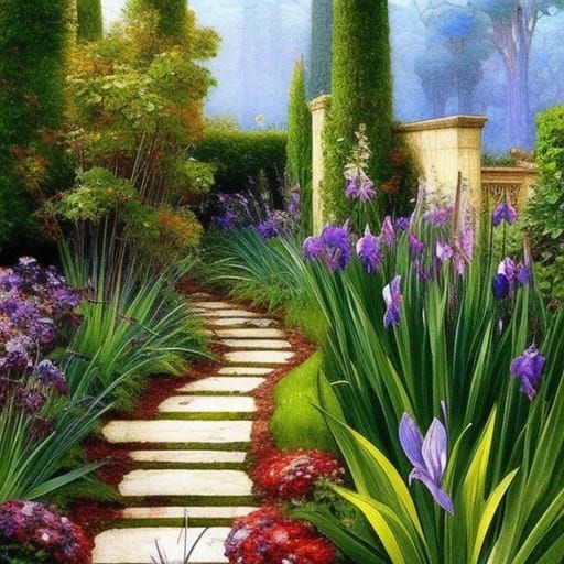 Iris Garden Path in Watercolor Illustration Style