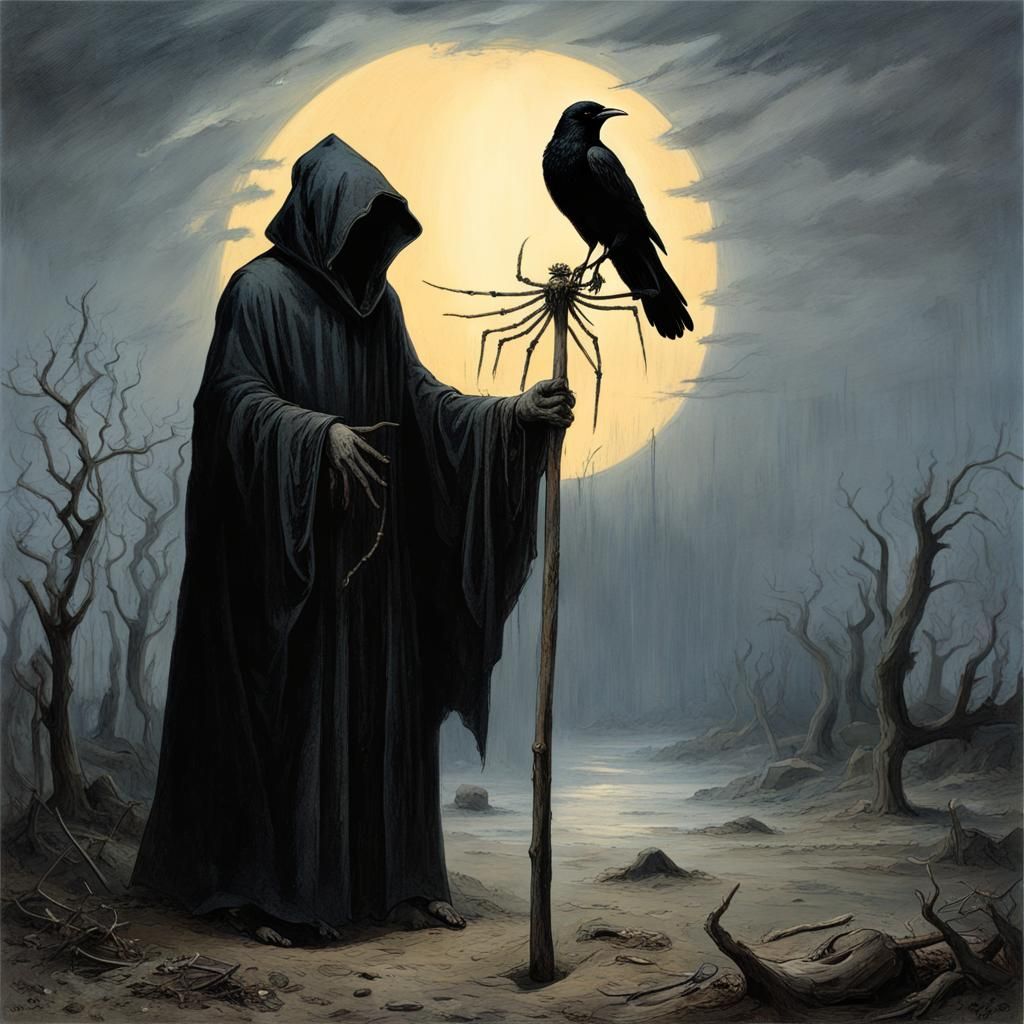 Black Crow Wizard with Spider Staff in Rainy Scene