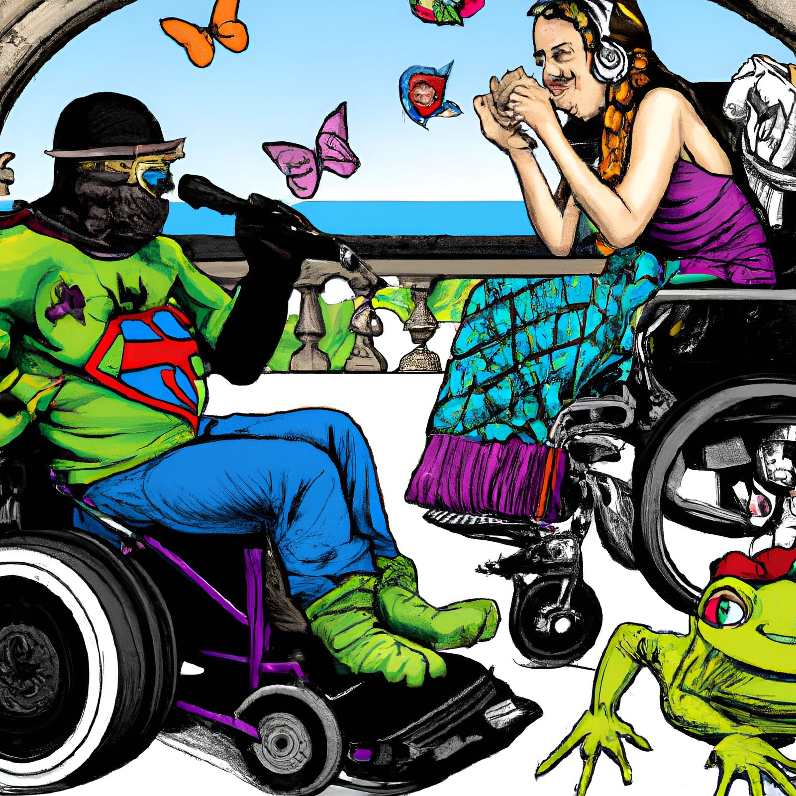 Man in Wheelchair, Frog, and Batgirl in Pop Art
