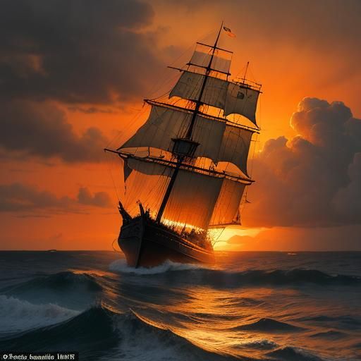 Pirate Ship Sails into Sunrise Storm