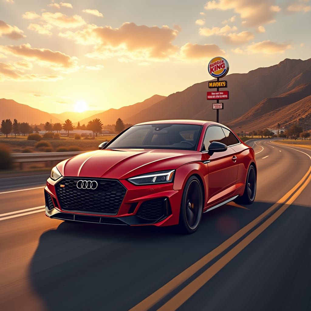 Sleek Red Audi RS5 Speeds Down LA Highway at Sunset with Bur...