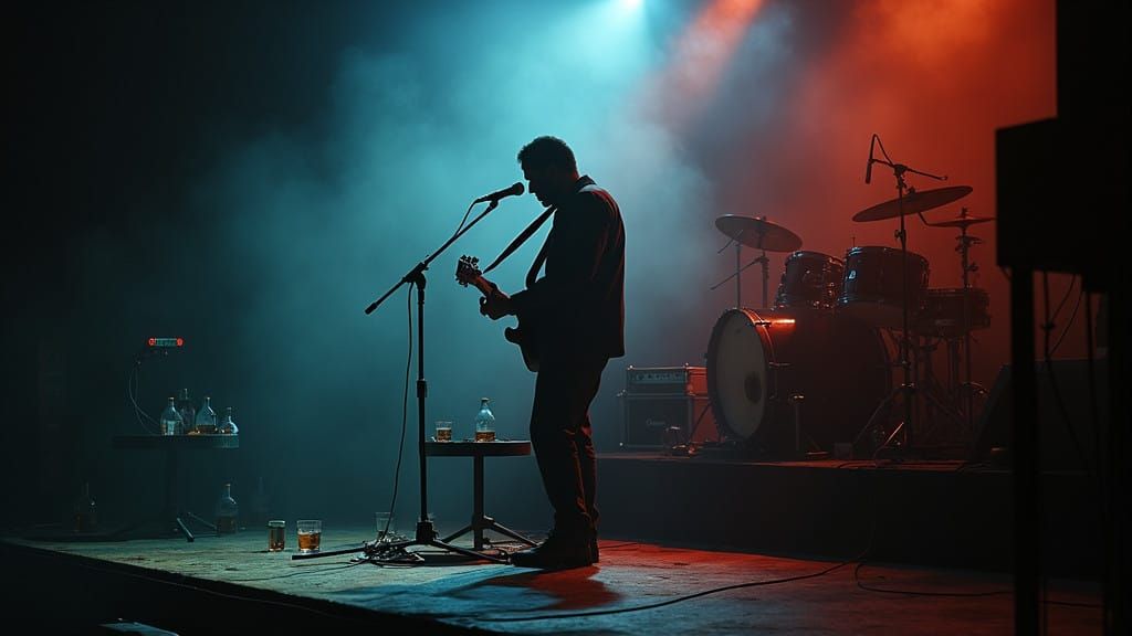 Concert Chaos with Guitarist and Empty Beer Bottles