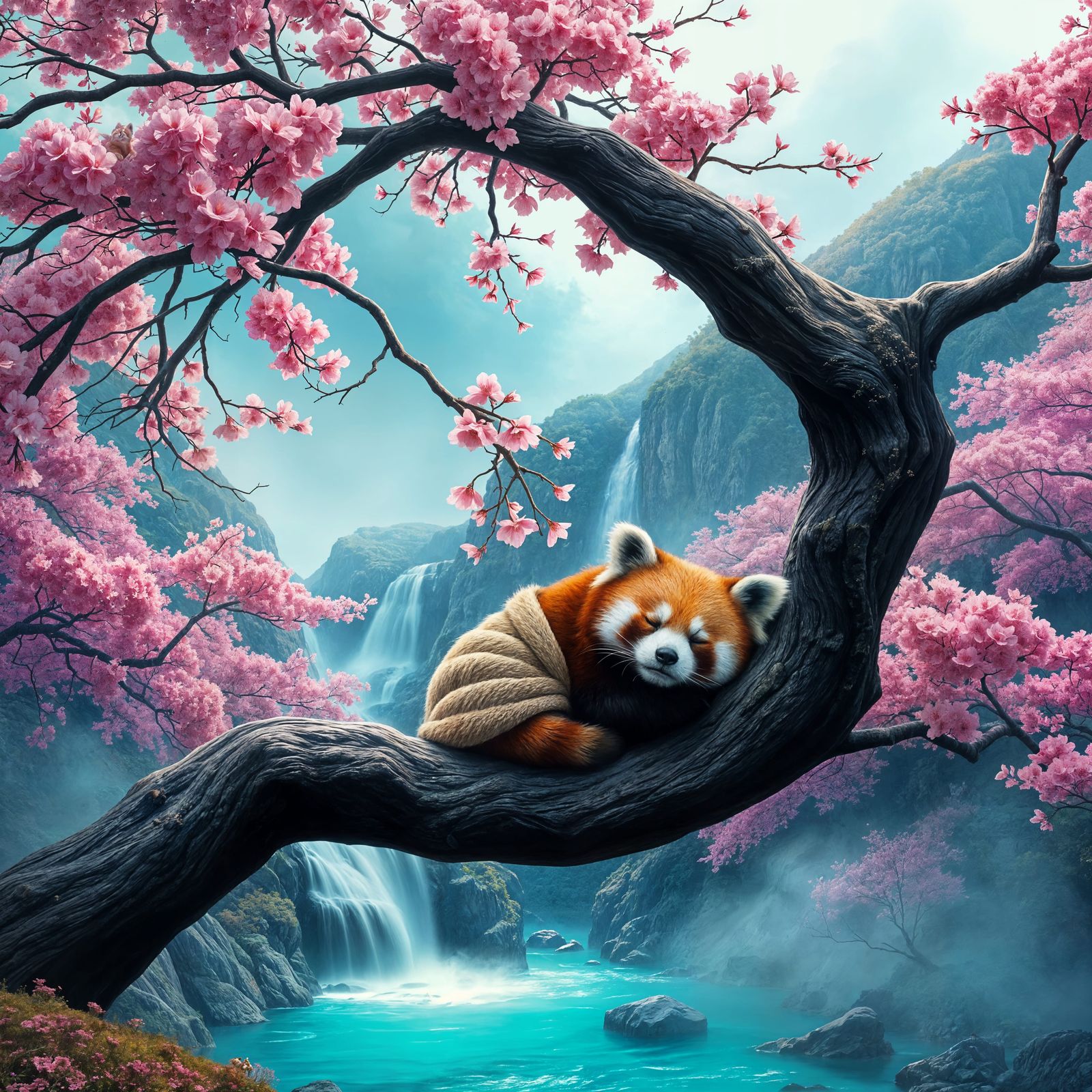 Red Panda in Cherry Blossom Fantasy Landscape
