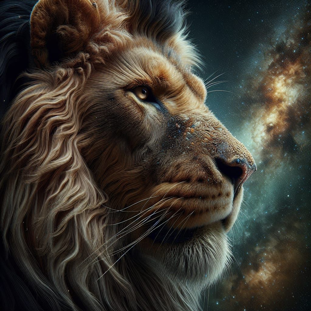 Hyperrealistic Lion with Galaxy Background in Splash Art