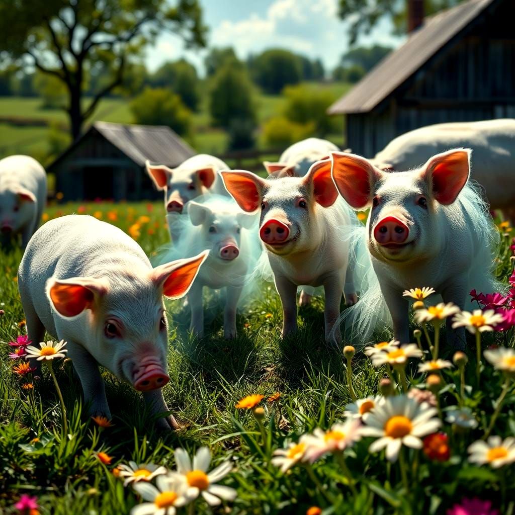 Surreal Farm Scene: Ghost Pigs in Dresses