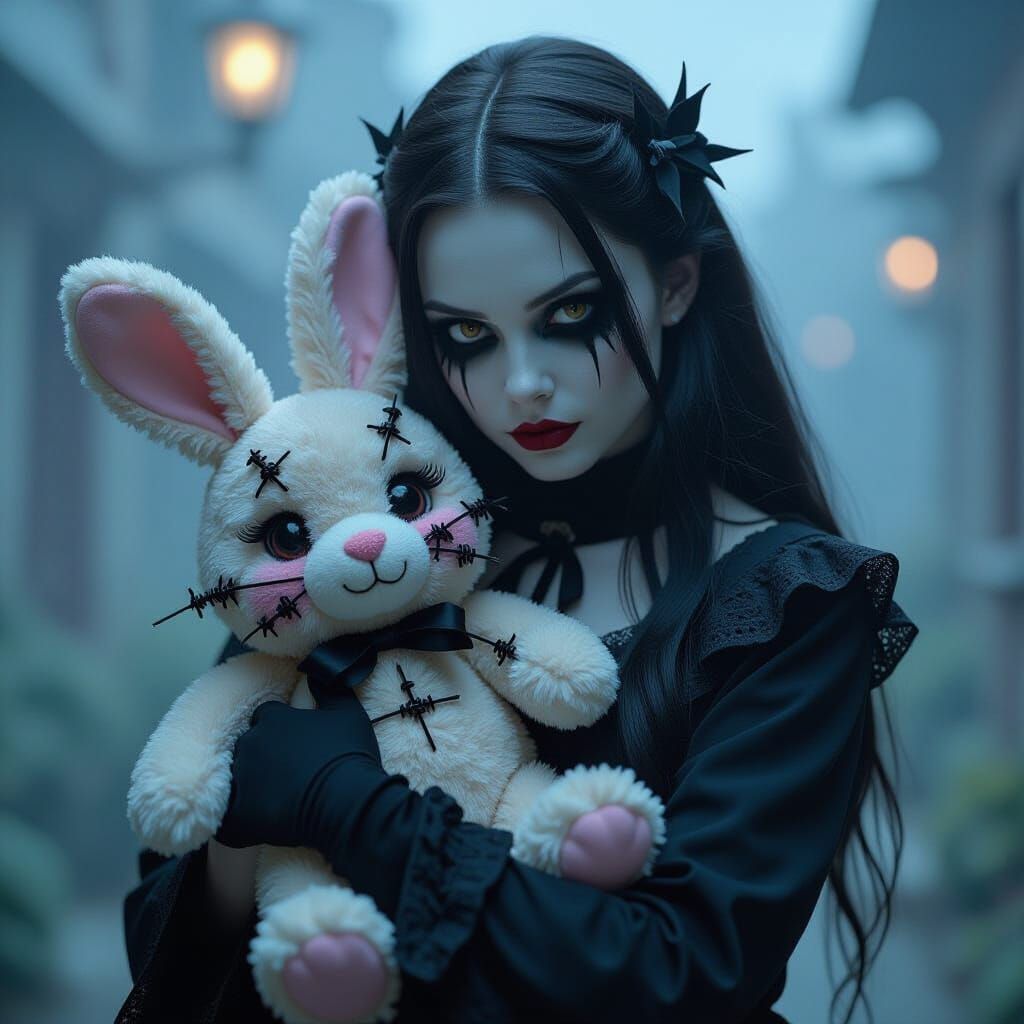 Gothic Girl with Barbed Wire Rabbit in Horror Film Aesthetic
