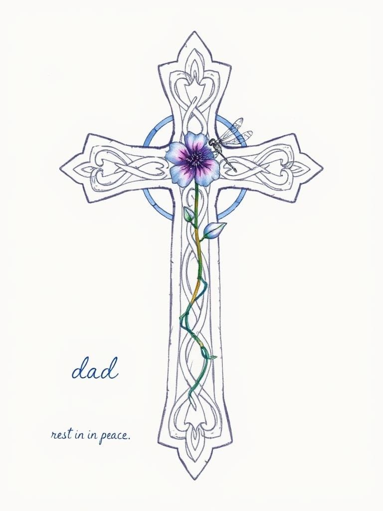 Celtic Cross Crucifix with Dragonfly: Line Drawing