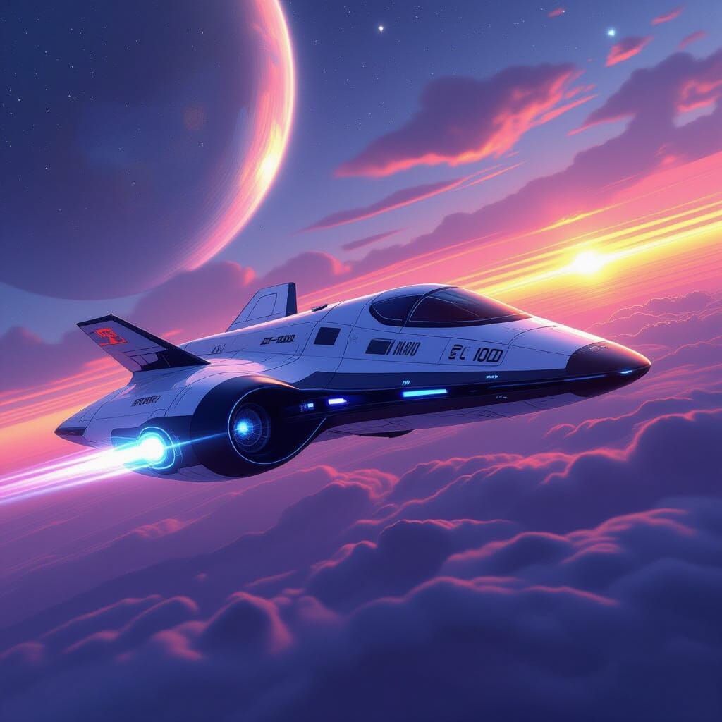 Futuristic DC-1000 Spaceship Soaring Through Cosmic Landscap...