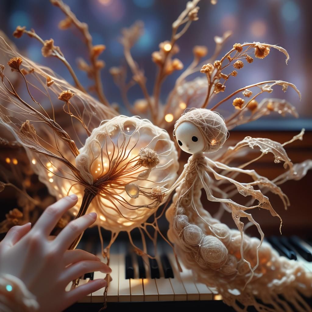 Wool Creature Plays Piano: Hyper-Realistic Digital Art