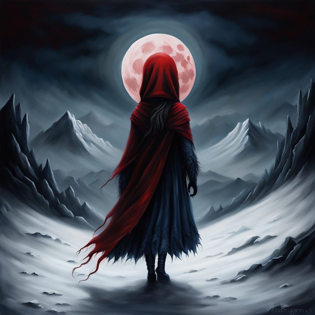 Creature of Darkness Under Crimson Moon in Oil Painting