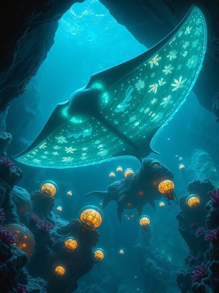 Bioluminescent Deep-Sea Leviathan in Cavern