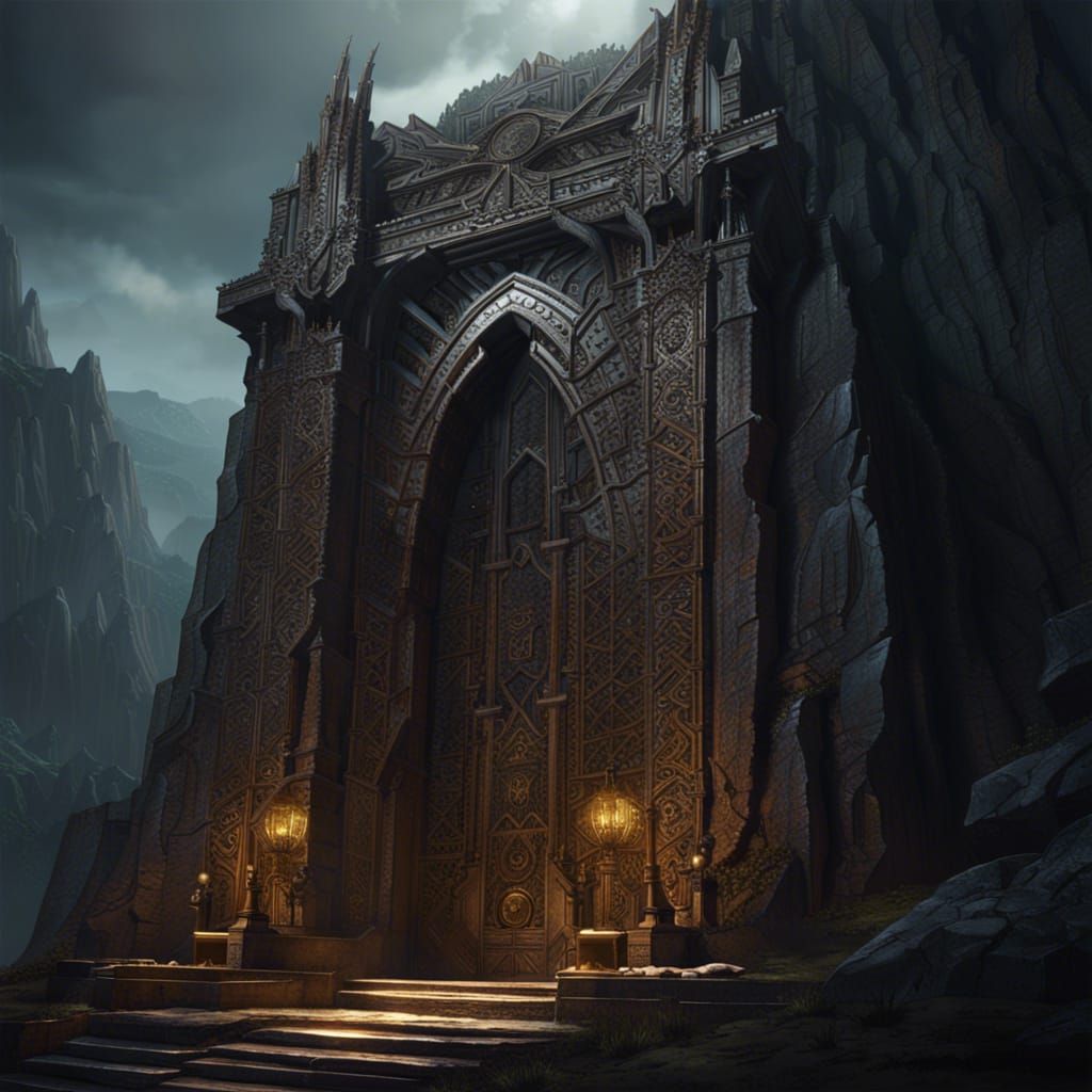 Majestic Mountain Gate with Occult Design