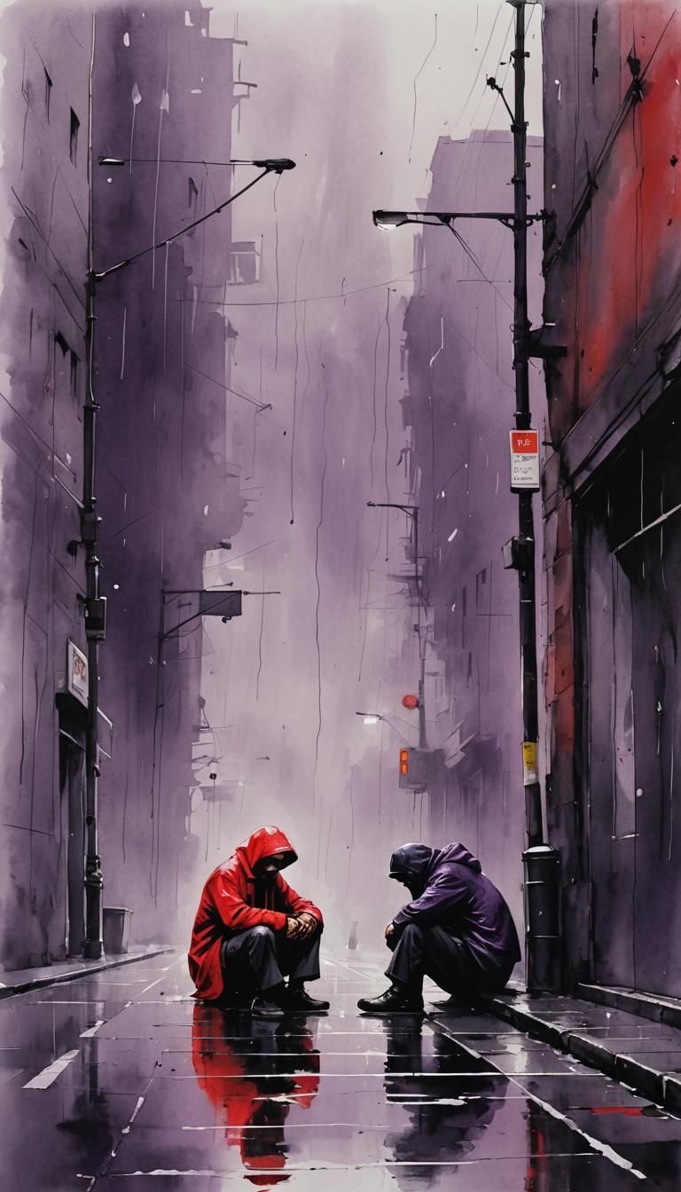 Homeless Man in Rain: Minimalist Ink Painting