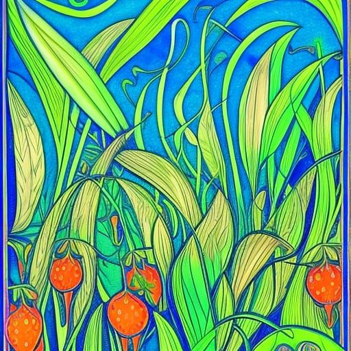 Art Nouveau Landscape with Emerald Blooms