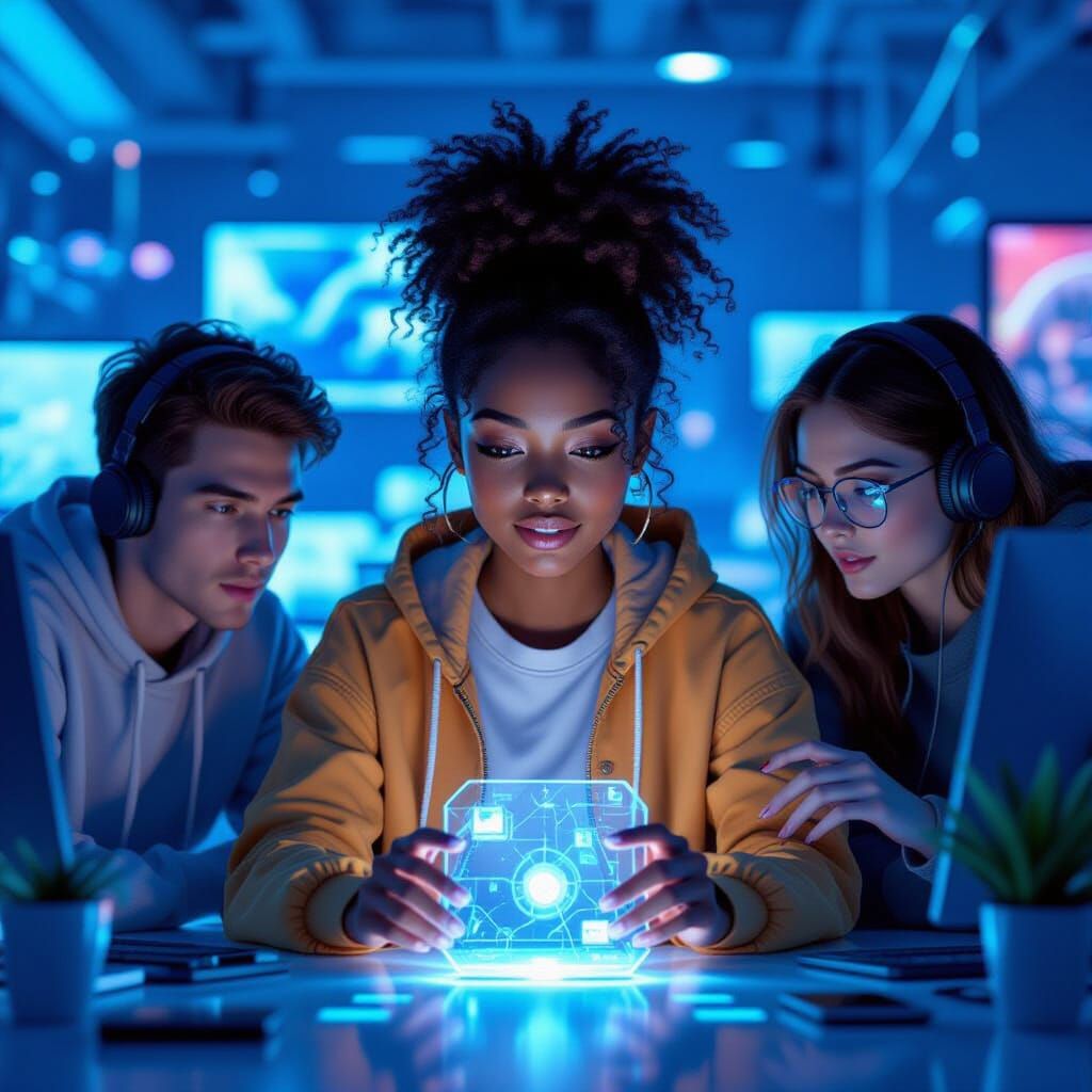 Friends in Futuristic Tech Environment as 3D Anime Art