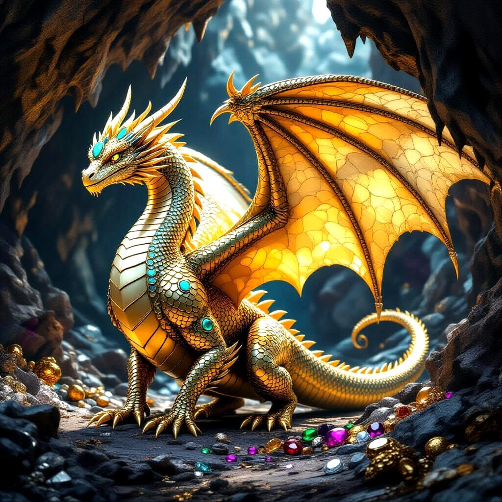 Gleaming Golden Dragon in Jeweled Cave: Digital Art