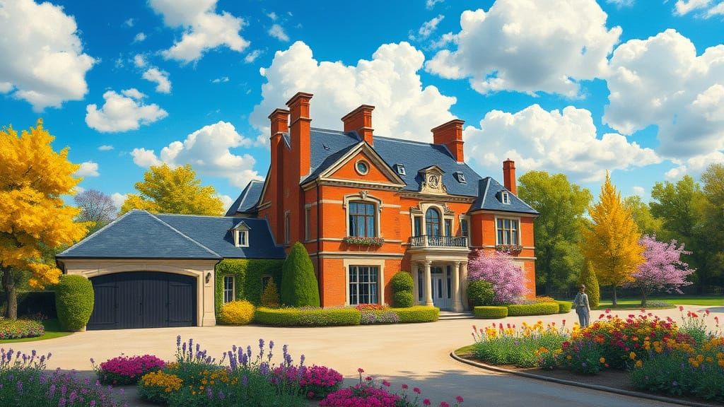 Grand Chateau with Vibrant Garden in Painterly Style