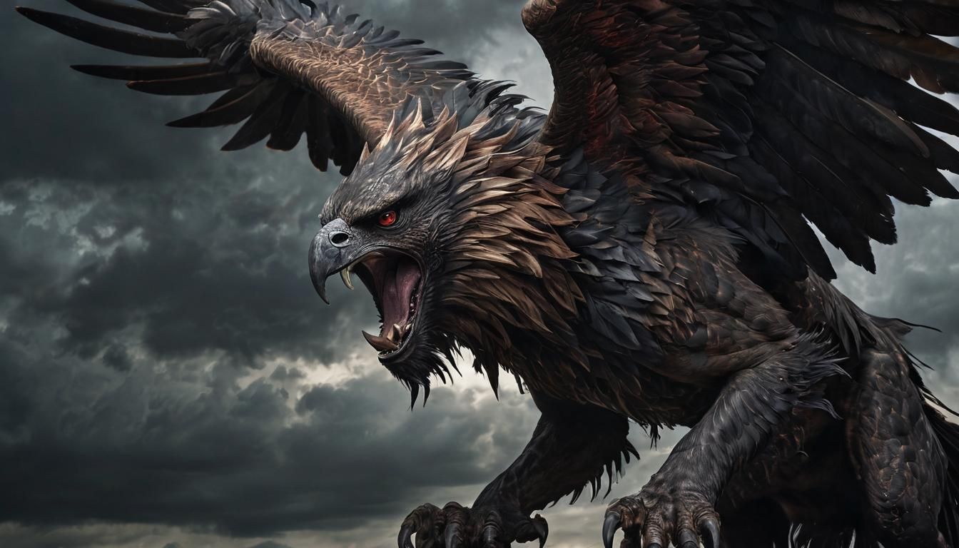 Fearsome Dark Fantasy Griffon Dominates a Stormy Battlefield