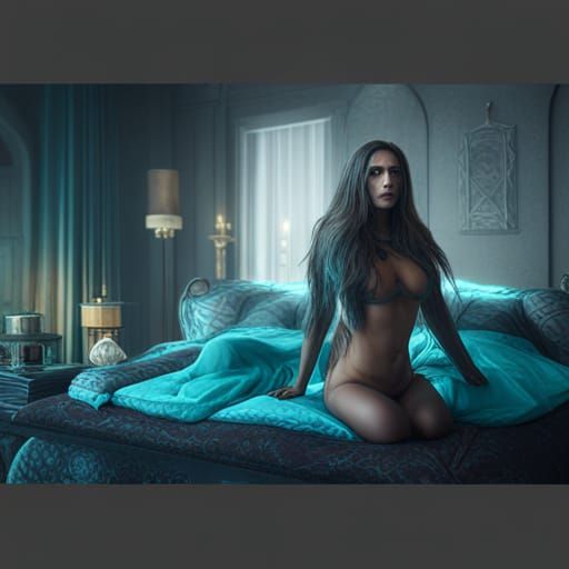Gothic Woman in Bed with Turquoise Details