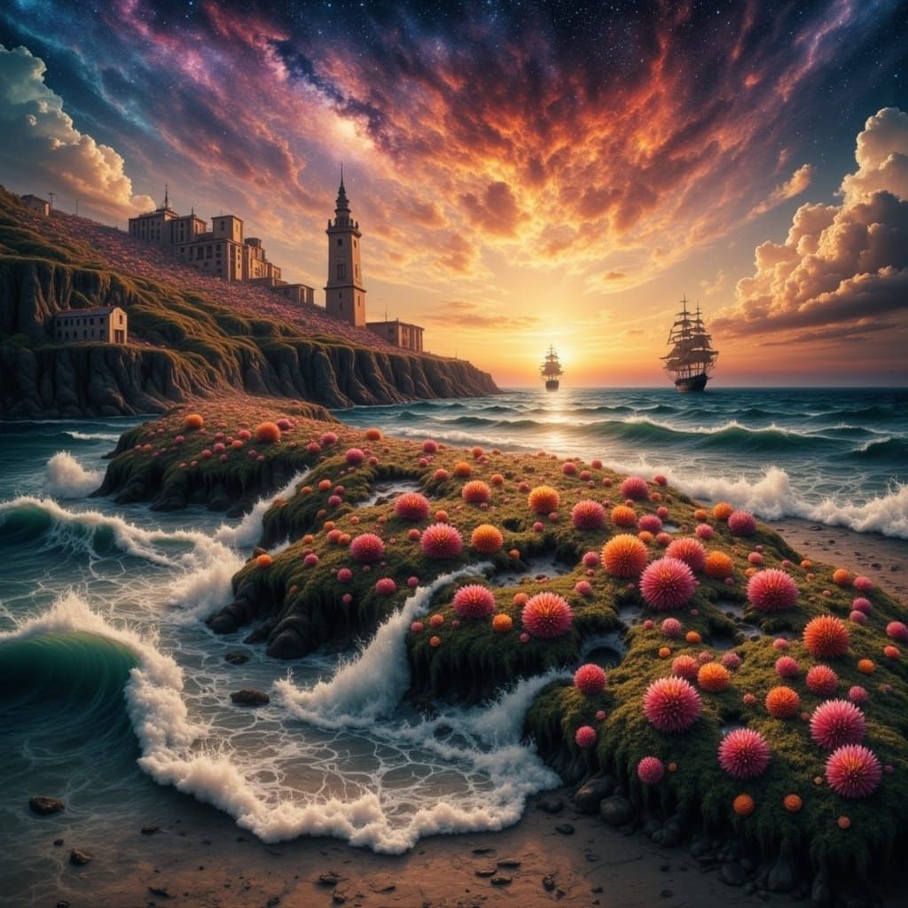Dahlias on Beach at Sunset in Surreal Style