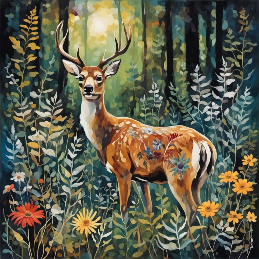 Deer in Sunlit Forest Glade